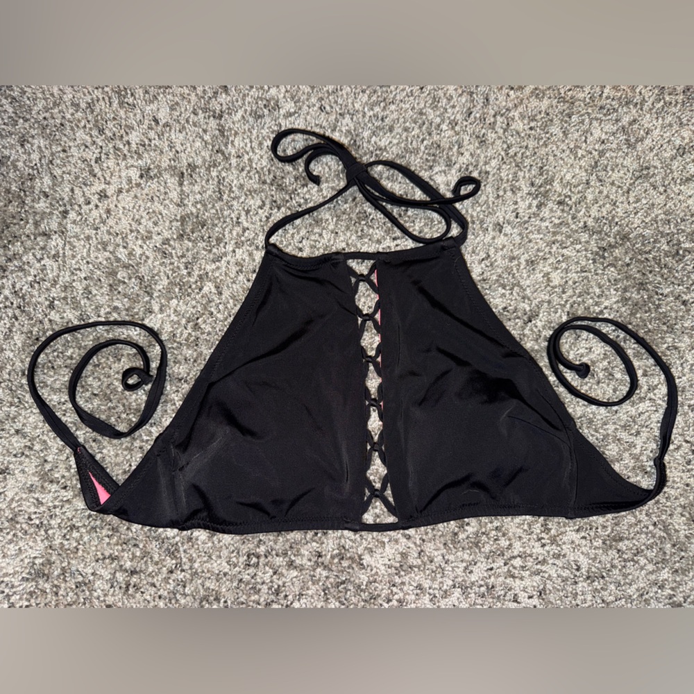 PINK Small Black Halter Bikini Top with Cross Detail